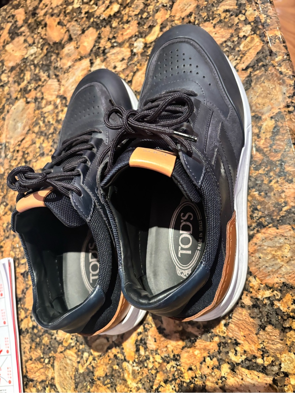 TOD'S Navy and Tan Leather Lace-Up Sneakers